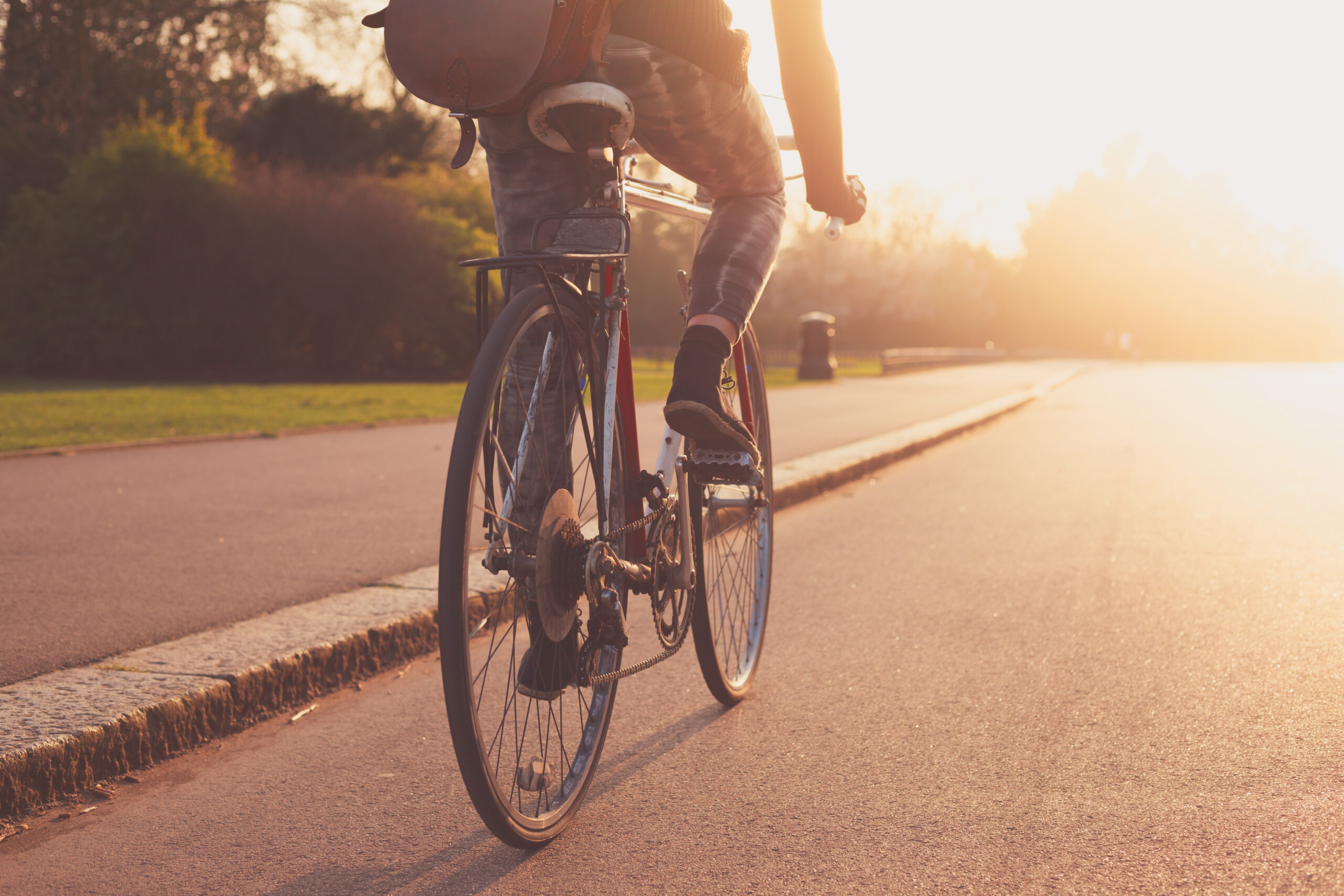 A young woman is cycling into the sunset in the park
